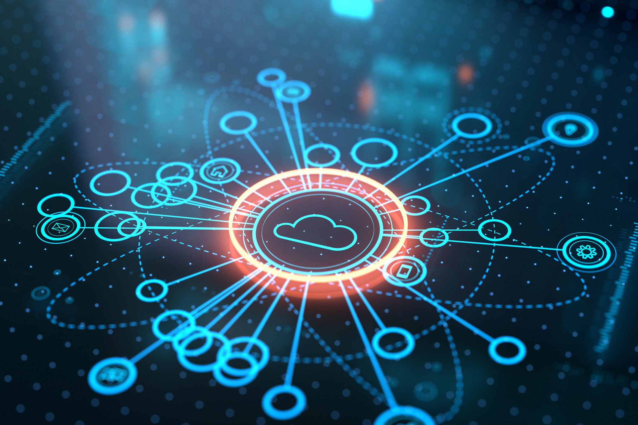 Digital cloud network with connected nodes.