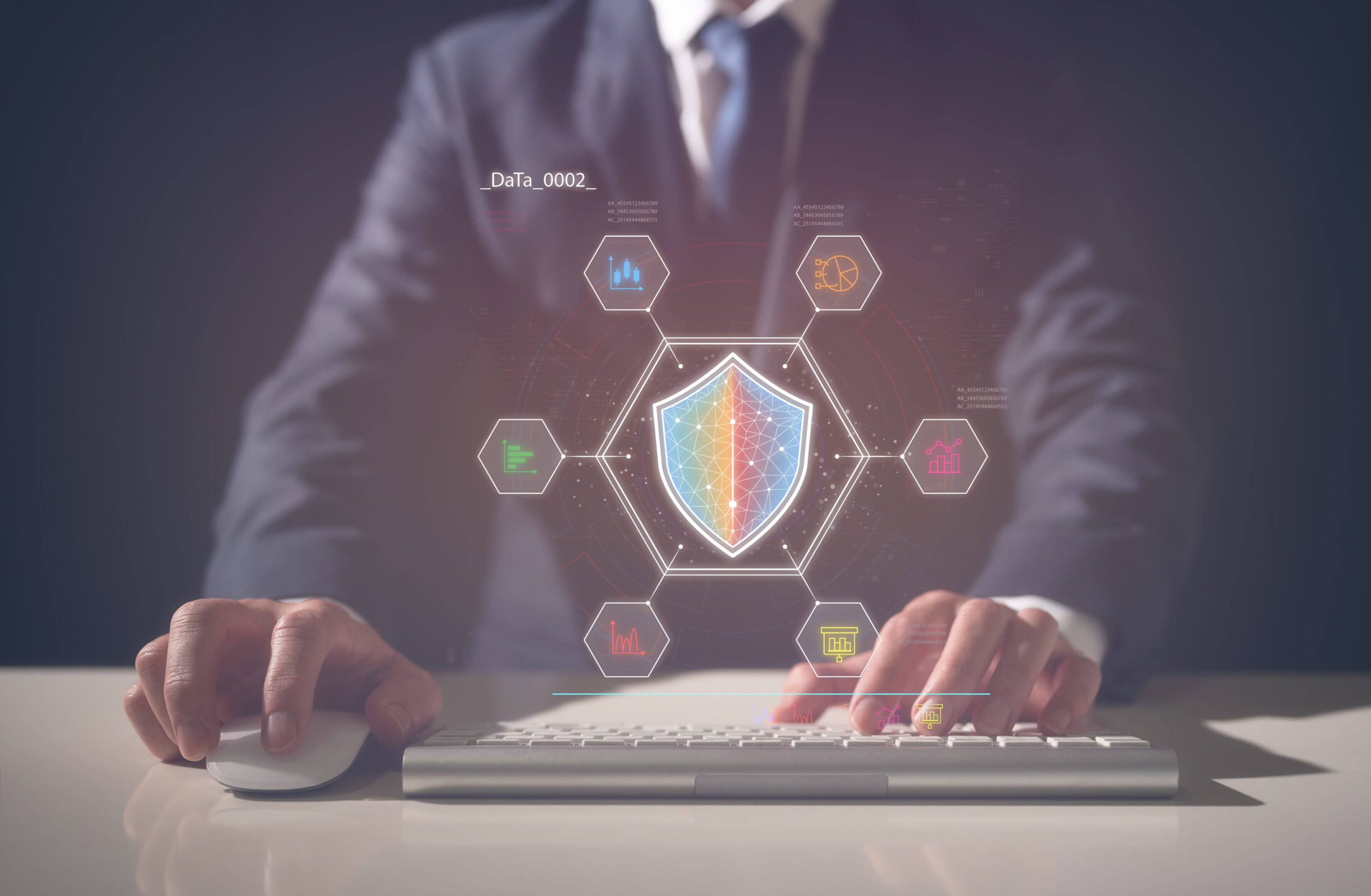 internet network security concept, businessman typing on keyboard scrolling mouse and protection data chart, data analysis information and technology, e-document data protection