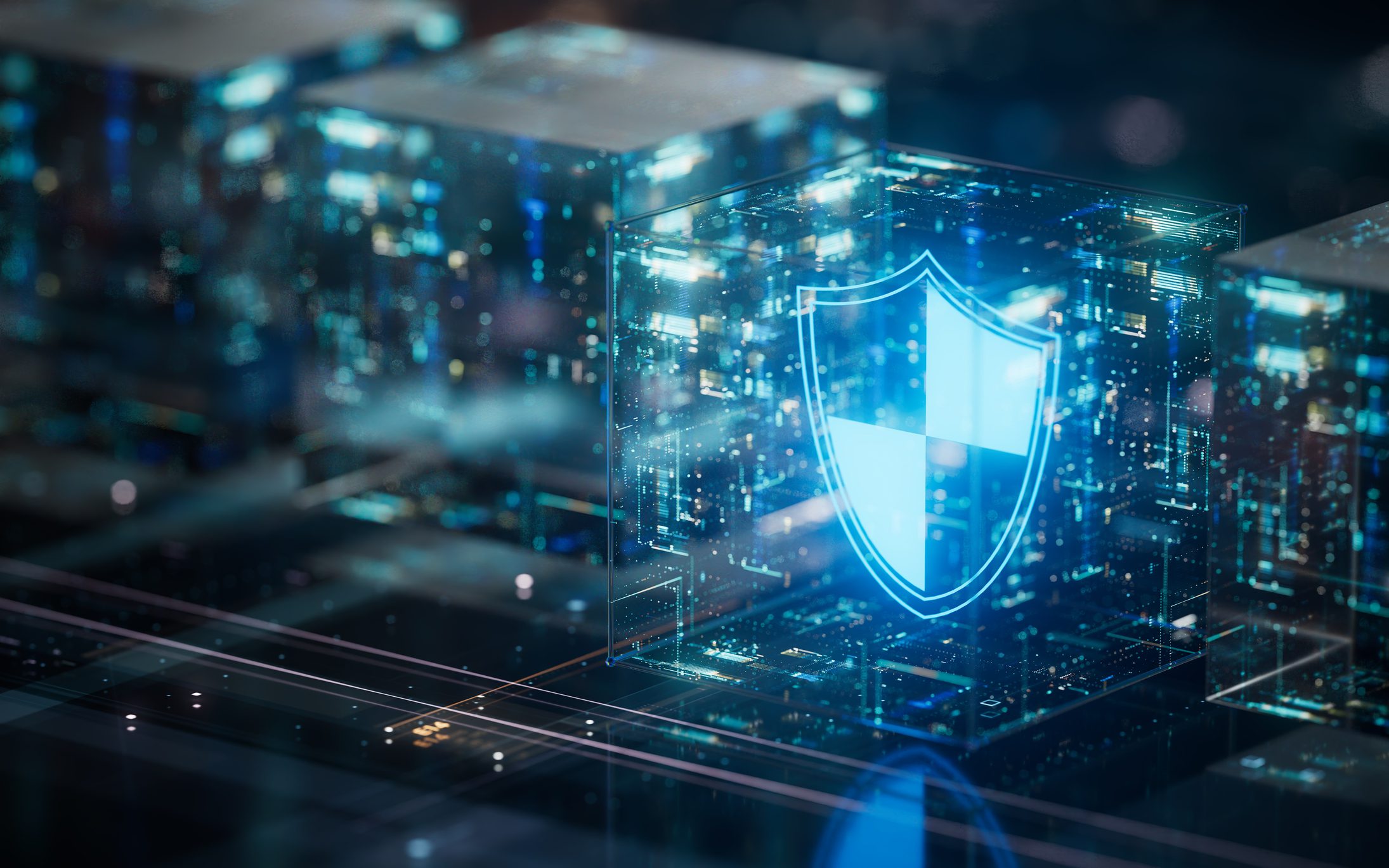 Digital security shield on futuristic servers.